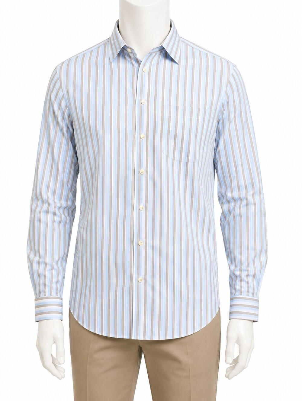 Roundtree & Yorke Men's Light Blue & Tan Striped Dress Shirt Long Sleeve - XLT